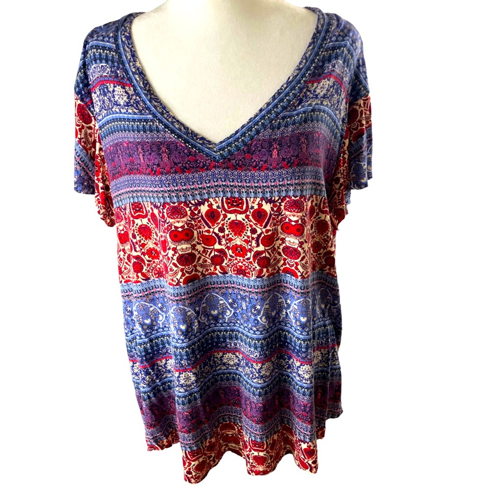 Live and Let Live Popover Top Women XL Blue Red Tan Boho Folk Art Print
